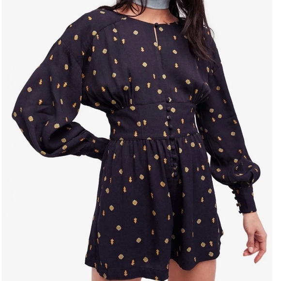 NWT Free People Love Grows Romper Keyhole Button-Down Playsuit Black Medium - Picture 1 of 7
